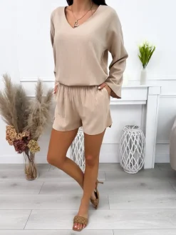 Beżowy Komplet Bluzka+Spodenki 12242-22-A|Modna Kiecka Fashion
