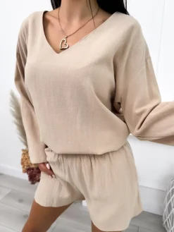 Beżowy Komplet Bluzka+Spodenki 12242-22-A|Modna Kiecka Fashion