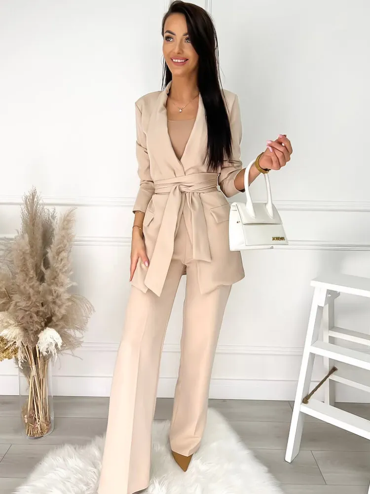 Beżowy Komplet Marynarka + Spodnie 9613-346-A|Modna Kiecka Outlet