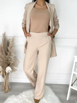 Beżowy Komplet Marynarka + Spodnie 9613-346-A|Modna Kiecka Outlet
