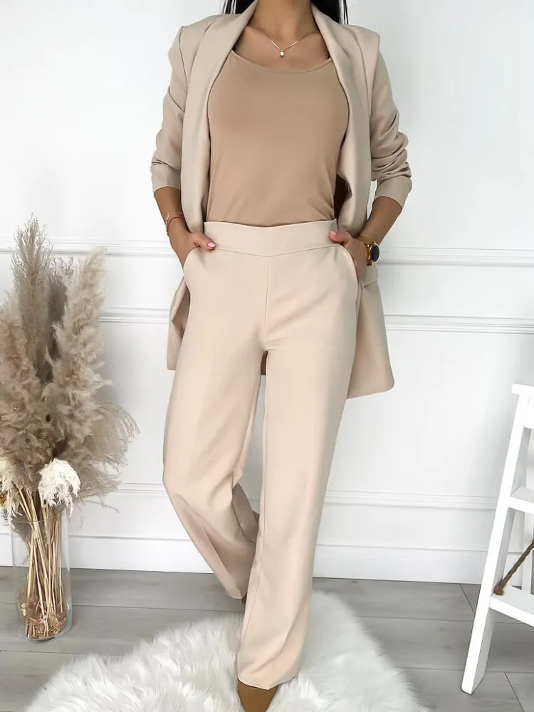 Beżowy Komplet Marynarka + Spodnie 9613-346-A|Modna Kiecka Outlet