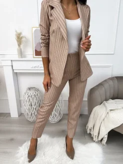 Beżowy Komplet Marynarka +Spodnie 11102-501-A|Modna Kiecka Fashion