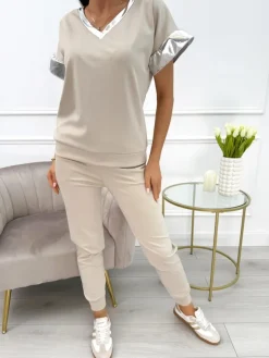 Beżowy Komplet ze Srebrnymi Wstawkami Bluzeczka + Spodnie 13832-71-A|Modna Kiecka Outlet