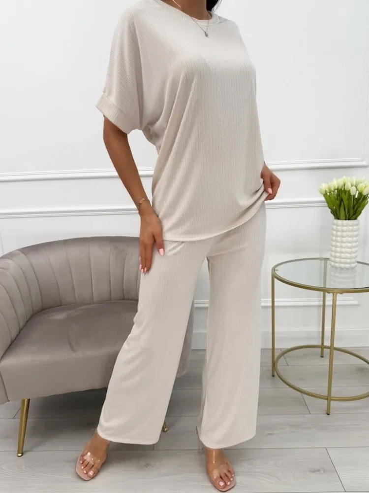 Beżowy Prążkowany Komplet 13864-513-A|Modna Kiecka Fashion