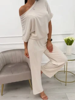Beżowy Prążkowany Komplet 13864-513-A|Modna Kiecka Fashion