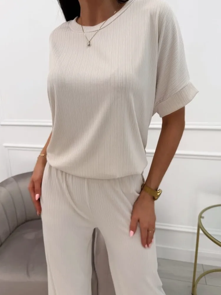 Beżowy Prążkowany Komplet 13864-513-A|Modna Kiecka Fashion