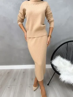 Beżowy Sweterkowy Komplet ze Spódnicą 13206-247-A|Modna Kiecka Outlet