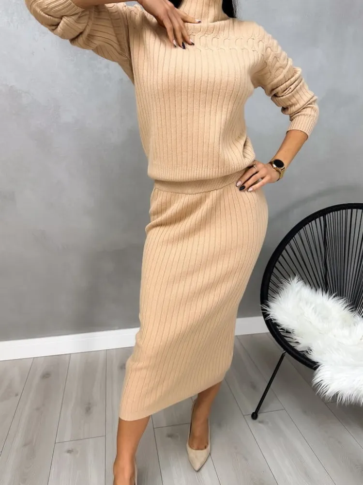 Beżowy Sweterkowy Komplet ze Spódnicą 13206-247-A|Modna Kiecka Outlet