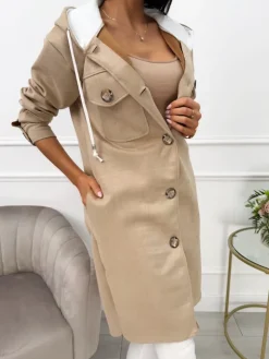 Beżowy Zamszowy Płaszcz z Kapturem 13561-420-A|Modna Kiecka Hot