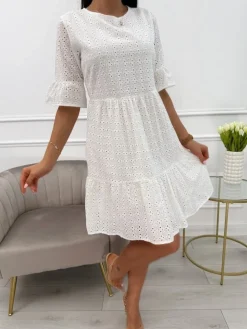 Biała Ażurowa Sukienka 13846-427-A|Modna Kiecka Outlet