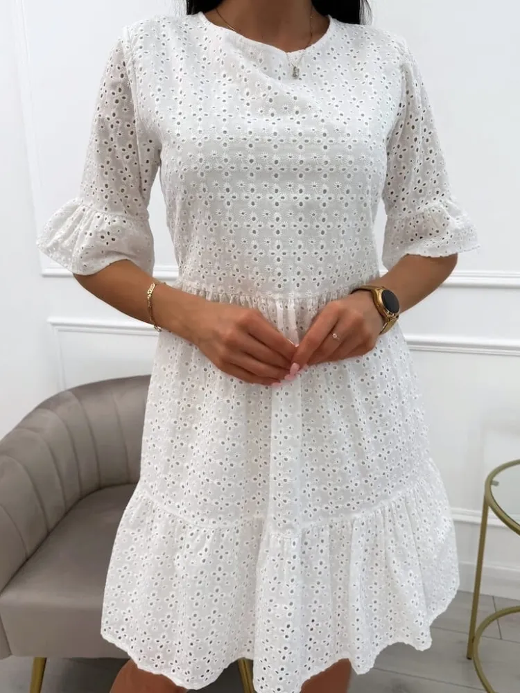 Biała Ażurowa Sukienka 13846-427-A|Modna Kiecka Outlet