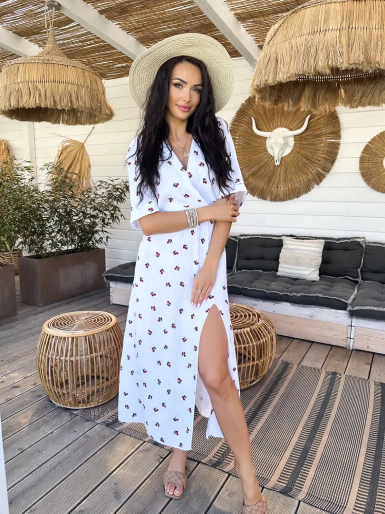 Biała Bawełniana Letnia Sukienka ze Wzorem 12417-41-B|Modna Kiecka Sale