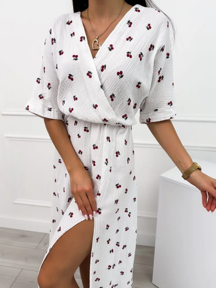 Biała Bawełniana Letnia Sukienka ze Wzorem 12417-41-B|Modna Kiecka Sale
