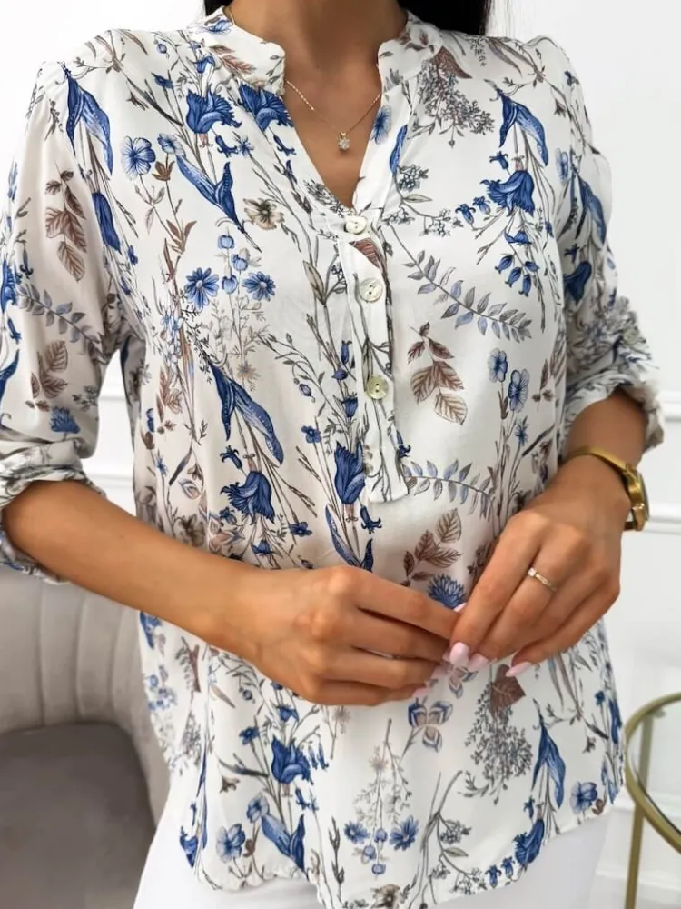 Biała Bluzka w Granatowy Wzór 13537-31-B|Modna Kiecka Discount