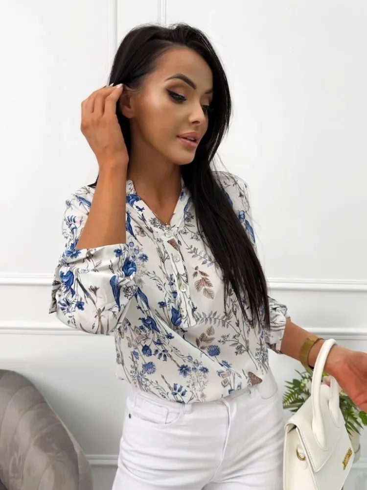 Biała Bluzka w Granatowy Wzór 13537-31-B|Modna Kiecka Discount