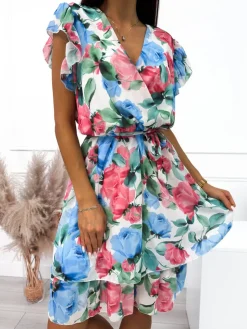 Biała Kopertowa Sukienka w Kwiaty  8257-205-Q|Modna Kiecka Fashion