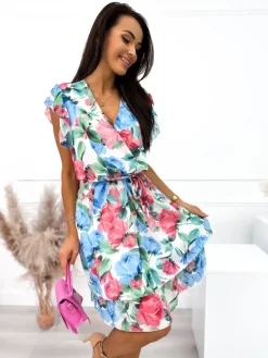 Biała Kopertowa Sukienka w Kwiaty  8257-205-Q|Modna Kiecka Fashion