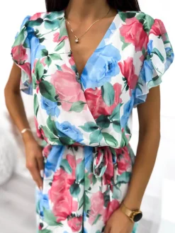 Biała Kopertowa Sukienka w Kwiaty  8257-205-Q|Modna Kiecka Fashion