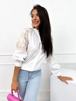 Biała Koszula w Beżowy Wzór 12438-255-A|Modna Kiecka Discount