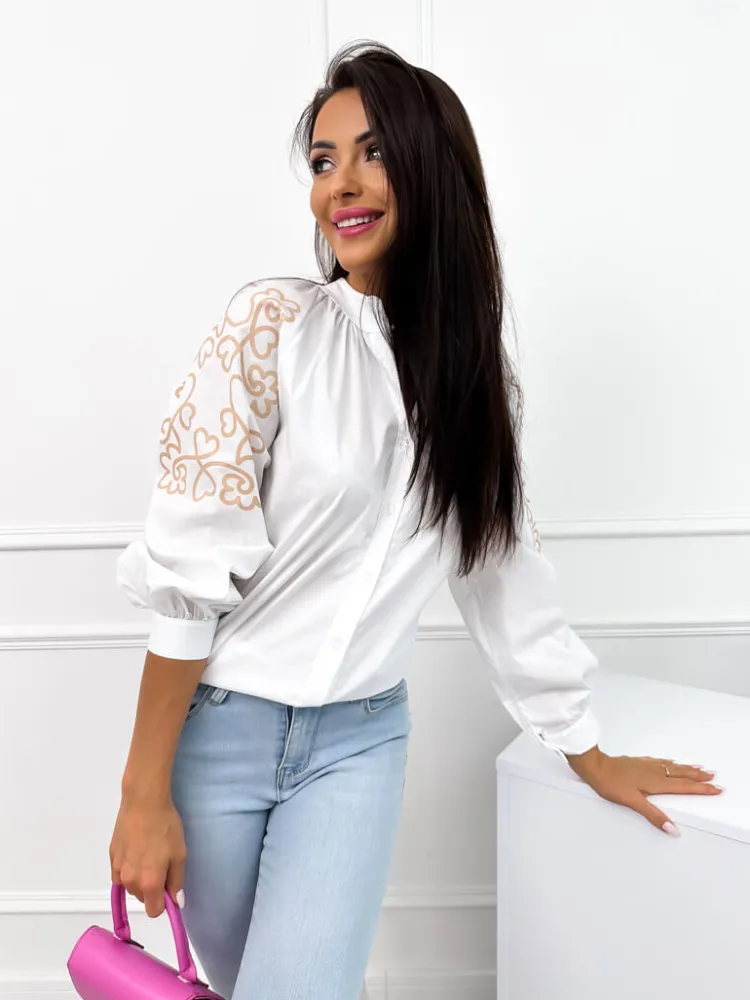 Biała Koszula w Beżowy Wzór 12438-255-A|Modna Kiecka Discount