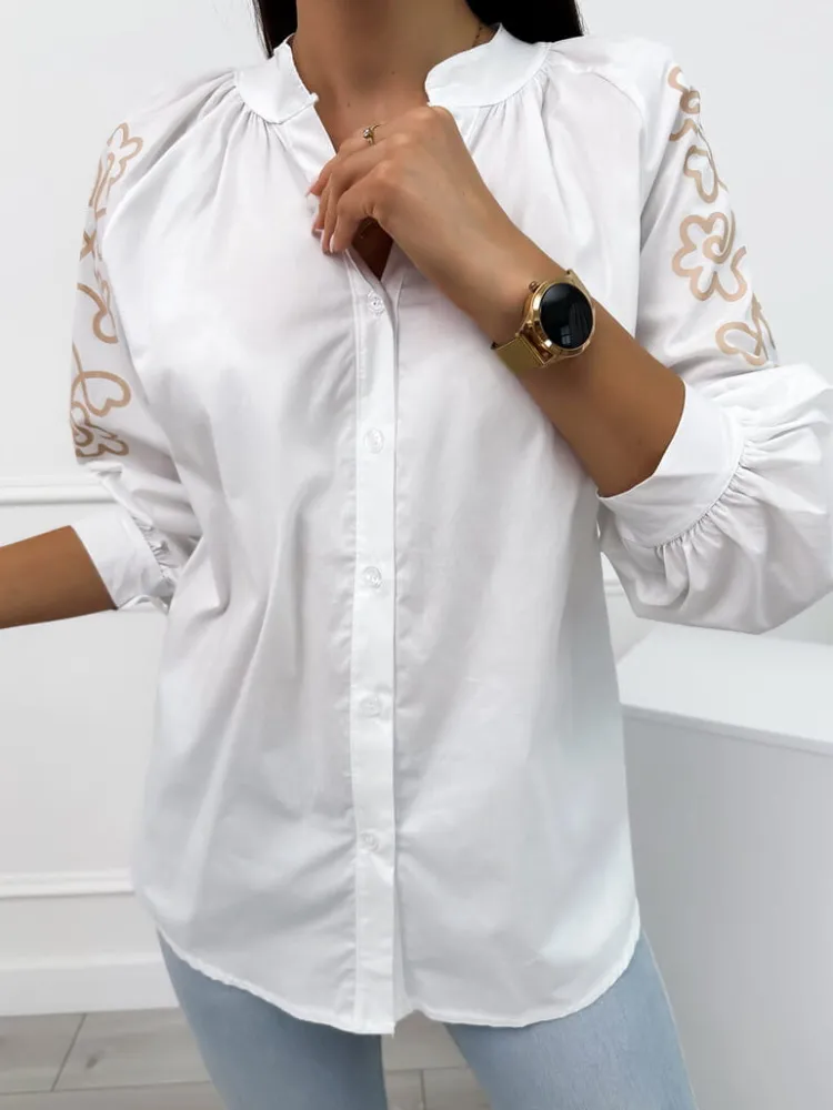 Biała Koszula w Beżowy Wzór 12438-255-A|Modna Kiecka Discount