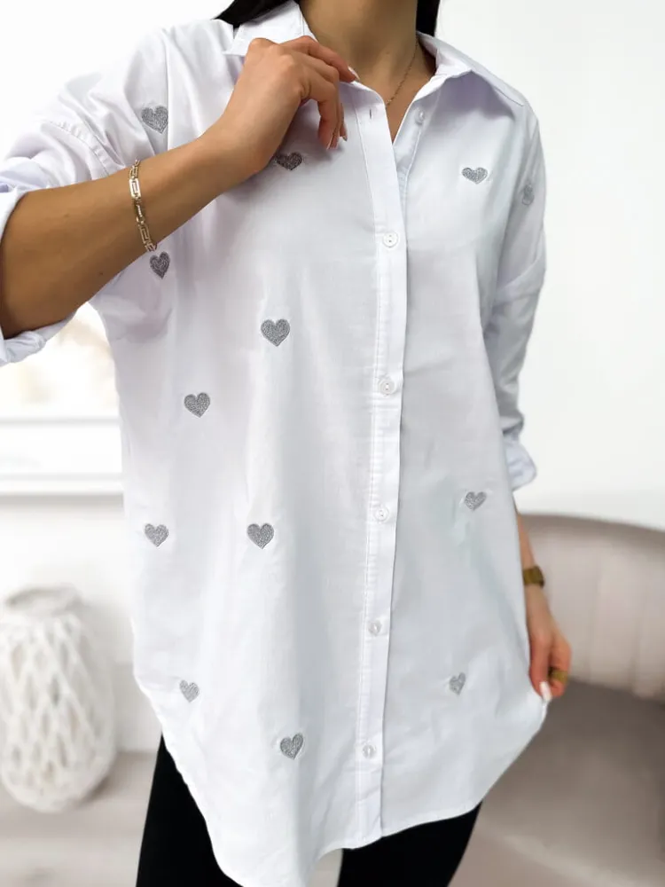 Biała Koszula w Serduszka 11342-135-A|Modna Kiecka Fashion