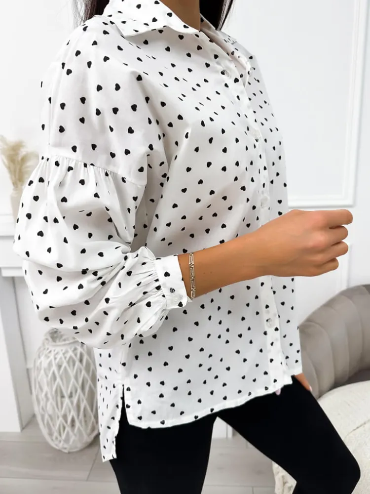 Biała Koszula w Serduszka 11631-306-A|Modna Kiecka New