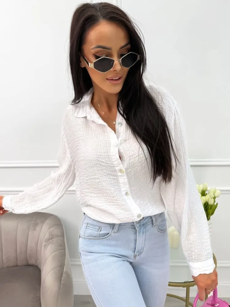 Biała Koszula z Długim Rękawem 13816-55-A|Modna Kiecka Hot