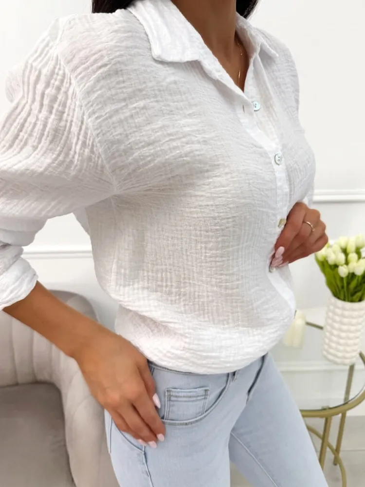 Biała Koszula z Długim Rękawem 13816-55-A|Modna Kiecka Hot