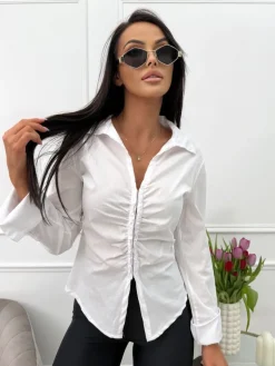 Biała Koszula Zapinana na Haftki 13622-67-A|Modna Kiecka Discount