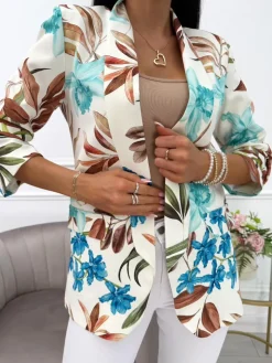 Biała Marynarka z Motywem Roślinnym 12350-70-Q|Modna Kiecka Discount