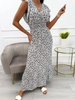 Biała Sukienka Maxi w Drobne Kwiatki 13930-55-A|Modna Kiecka New