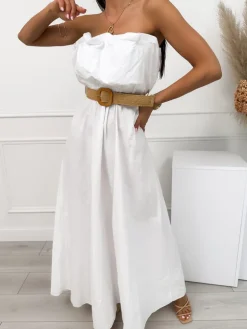 Biała Sukienka Maxi z Paskiem 12545-520-A|Modna Kiecka Outlet