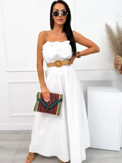 Biała Sukienka Maxi z Paskiem 12545-520-A|Modna Kiecka Outlet