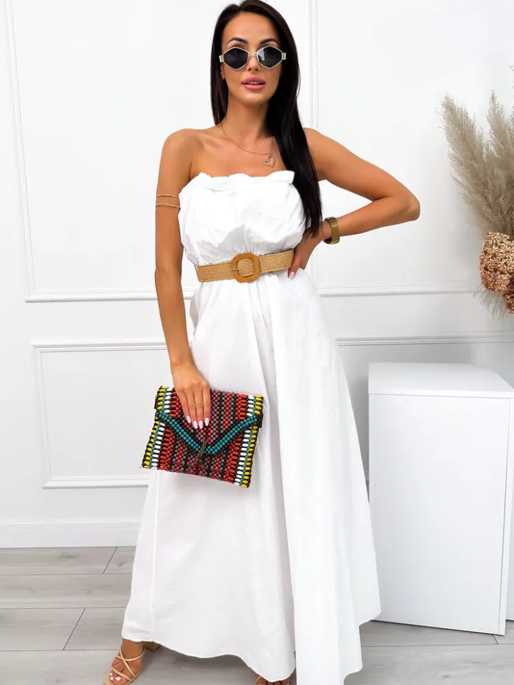Biała Sukienka Maxi z Paskiem 12545-520-A|Modna Kiecka Outlet