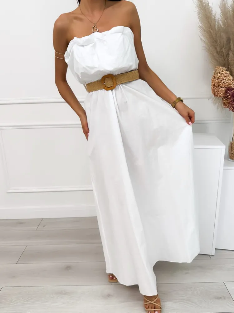 Biała Sukienka Maxi z Paskiem 12545-520-A|Modna Kiecka Outlet