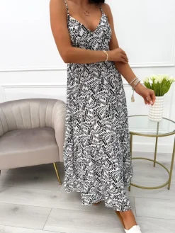 Biała Sukienka w Czarny Wzór 14026-427-A|Modna Kiecka Fashion