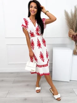 Biała Sukienka w Czerwony Wzór z Paseczkiem 12553-509-A|Modna Kiecka Fashion