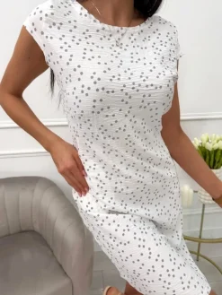 Biała Sukienka w Groszki z Kieszeniami 13708-146-B|Modna Kiecka Hot