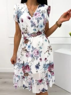 Biała Sukienka w Kwiaty 12280-347-Q|Modna Kiecka Discount