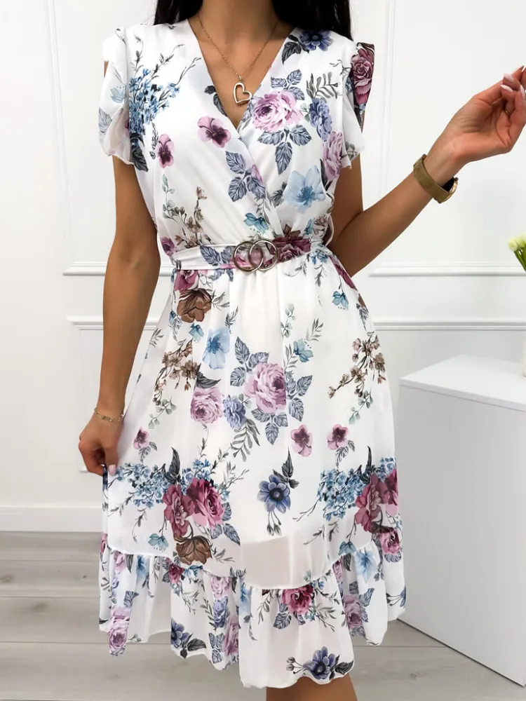 Biała Sukienka w Kwiaty 12280-347-Q|Modna Kiecka Discount