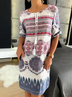 Biała Sukienka z Azteckim Wzorem 11699-59-Q|Modna Kiecka Fashion