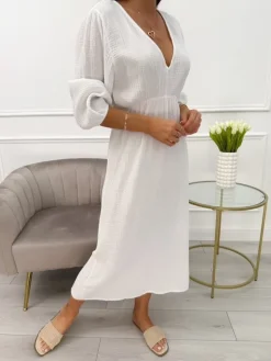 Biała Sukienka z Wiązaniem z Tyłu 13989-259-B|Modna Kiecka Hot