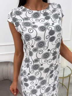 Biała Wzorzysta Sukienka z Kieszeniami 13729-157-A|Modna Kiecka Discount