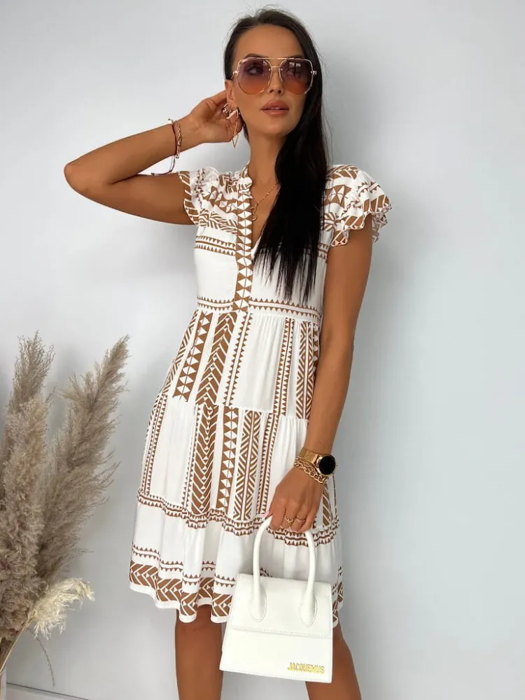 Biało-Brązowa Sukienka Oversize 11726-167-A|Modna Kiecka Clearance