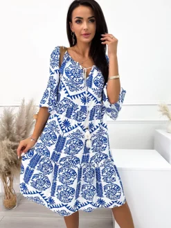 Biało-Kobaltowa Wzorzysta Sukienka 10424-137-A|Modna Kiecka Discount