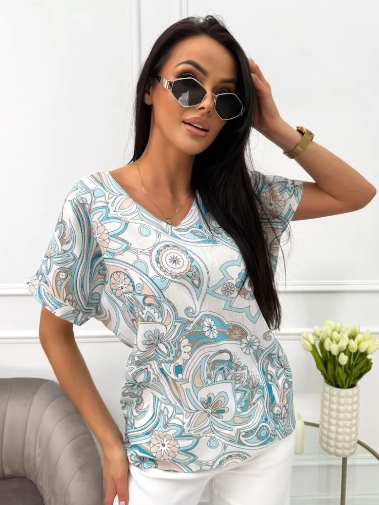 Biało-Miętowa Bluzeczka z Orientalny Wzór 13668-222-Q|Modna Kiecka Hot