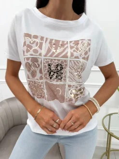 Biały Bawełniany T-shirt z Beżowym Wzorem 13943-359-A|Modna Kiecka Clearance