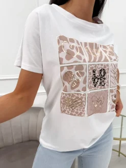 Biały Bawełniany T-shirt z Beżowym Wzorem 13943-359-A|Modna Kiecka Clearance