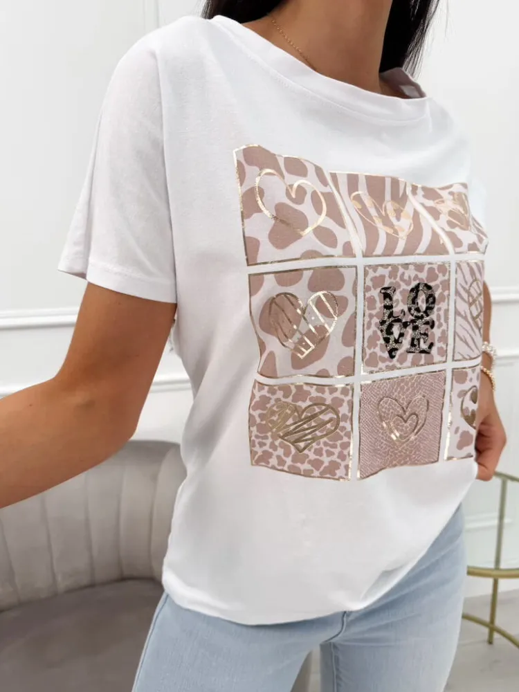 Biały Bawełniany T-shirt z Beżowym Wzorem 13943-359-A|Modna Kiecka Clearance